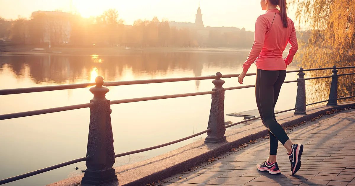 Persona caminando sola por un parque al amanecer, con luz suave entre los árboles