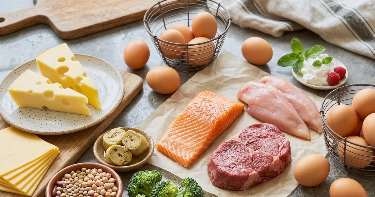 Alimentos ricos en proteína, con pollo, huevos y legumbres, dispuestos sobre la encimera de la cocina