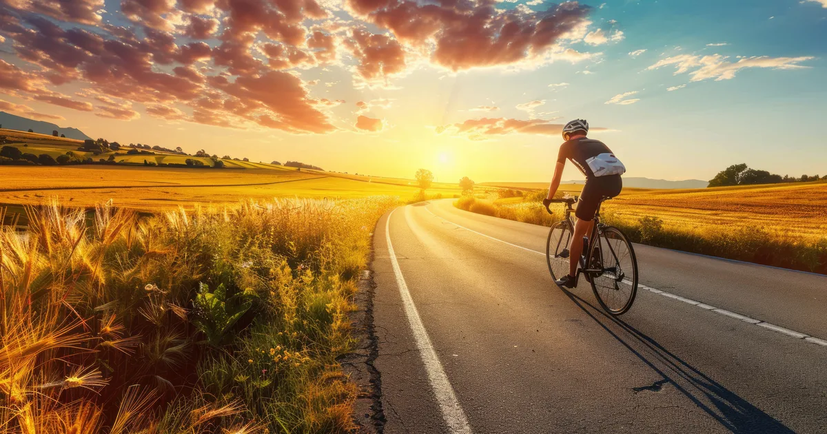 Ciclista pedaleando por una carretera sinuosa del campo con la luz dorada del atardecer