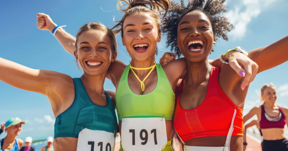 Tres amigos con dorsal celebran juntos, sonrientes y con los brazos en alto, al terminar una carrera popular