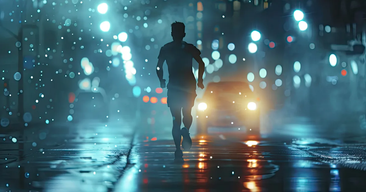Corredor entrenando solo por una calle de la ciudad de noche, con las luces urbanas de fondo