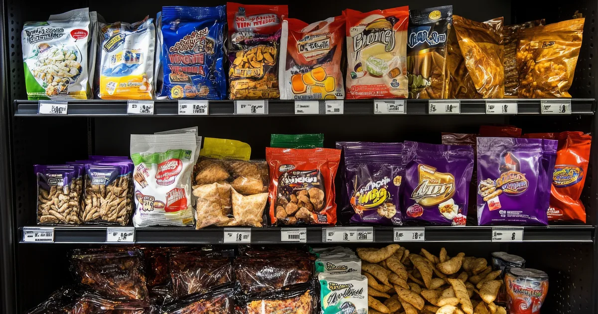 Estantería de supermercado repleta de bolsas y envases de aperitivos ultraprocesados