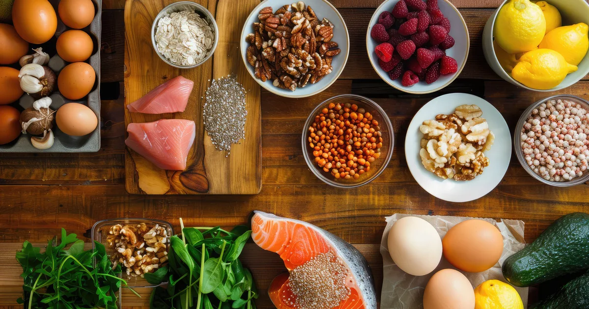 Persona preparando en una cocina un plan de comidas equilibrado con verduras, cereales y proteína