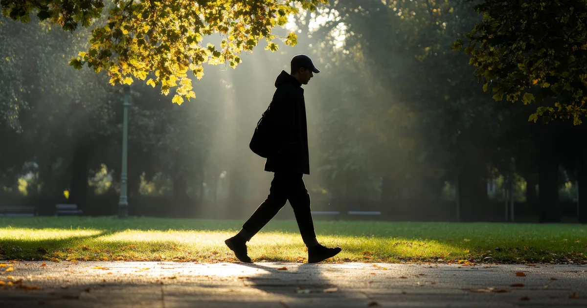 Silhouette of a person walking alone along a sunlit park path