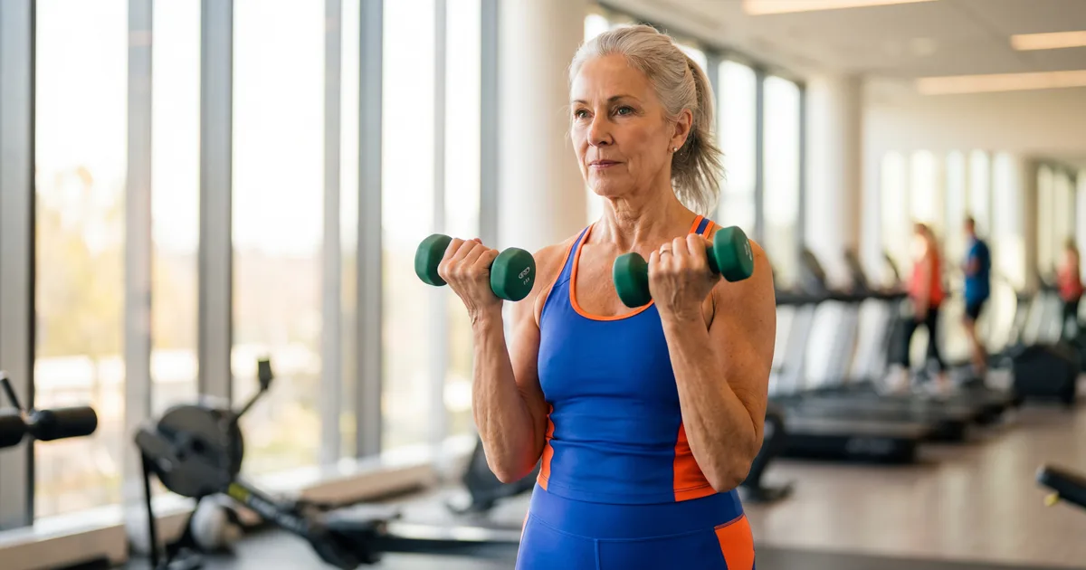 Woman in her fifties lifting dumbbells in a gym, concentrating on her technique