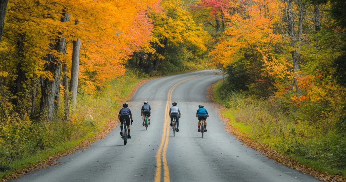 Grupo de ciclistas rodando por una carretera de curvas entre árboles con hojas de otoño