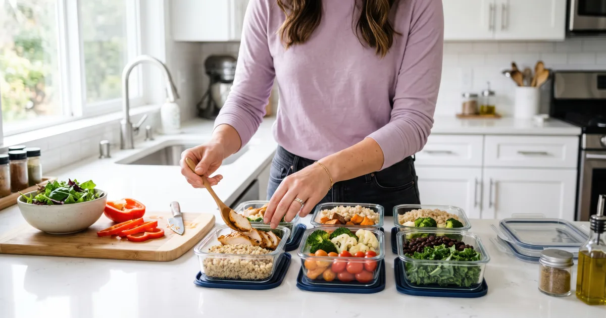 A person preparing several healthy meal prep containers on a kitchen counter