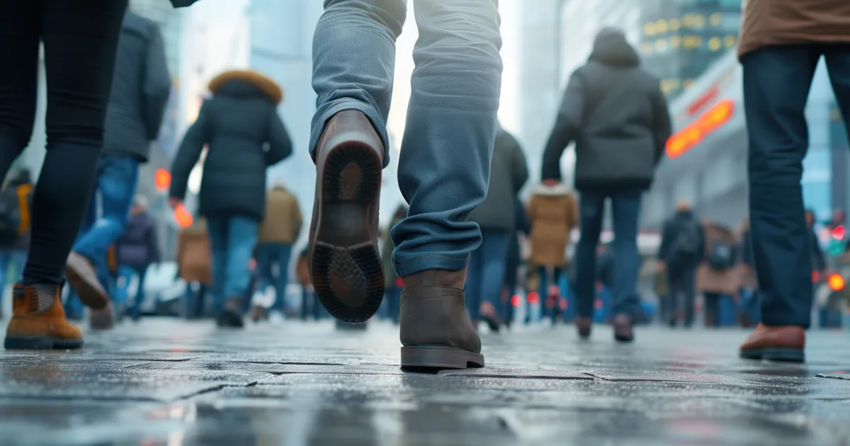 A group of people walking briskly along a busy city street