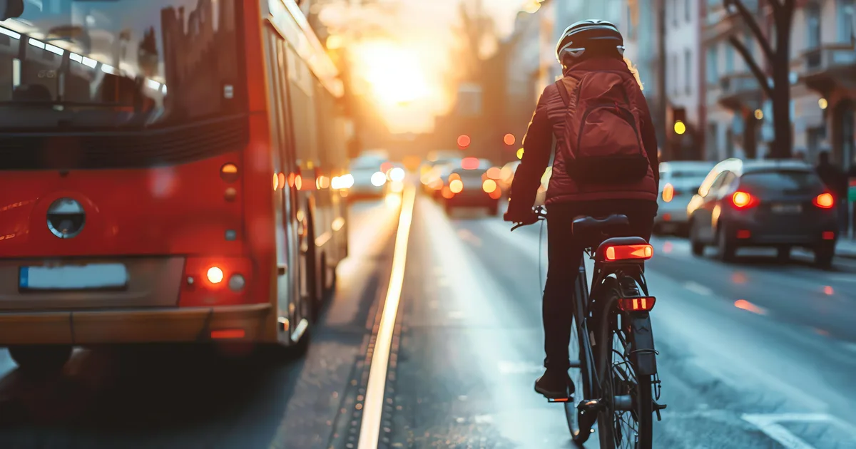 Ciclista con casco y mochila circulando por la ciudad camino del trabajo en hora punta