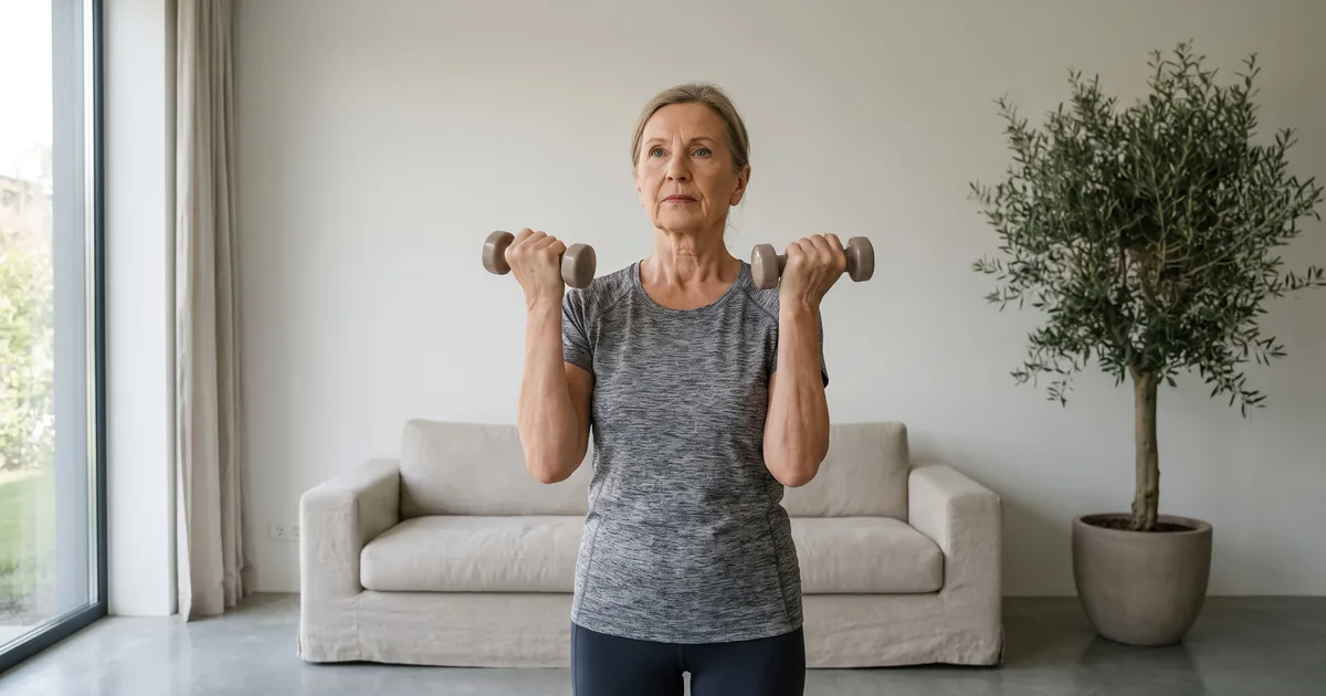 Older woman training with dumbbells in her living room at home