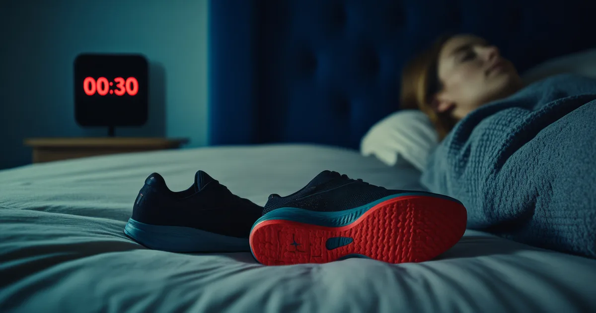 Running shoes on a bed in the foreground, with a woman lying in the background and an alarm clock showing 00:30