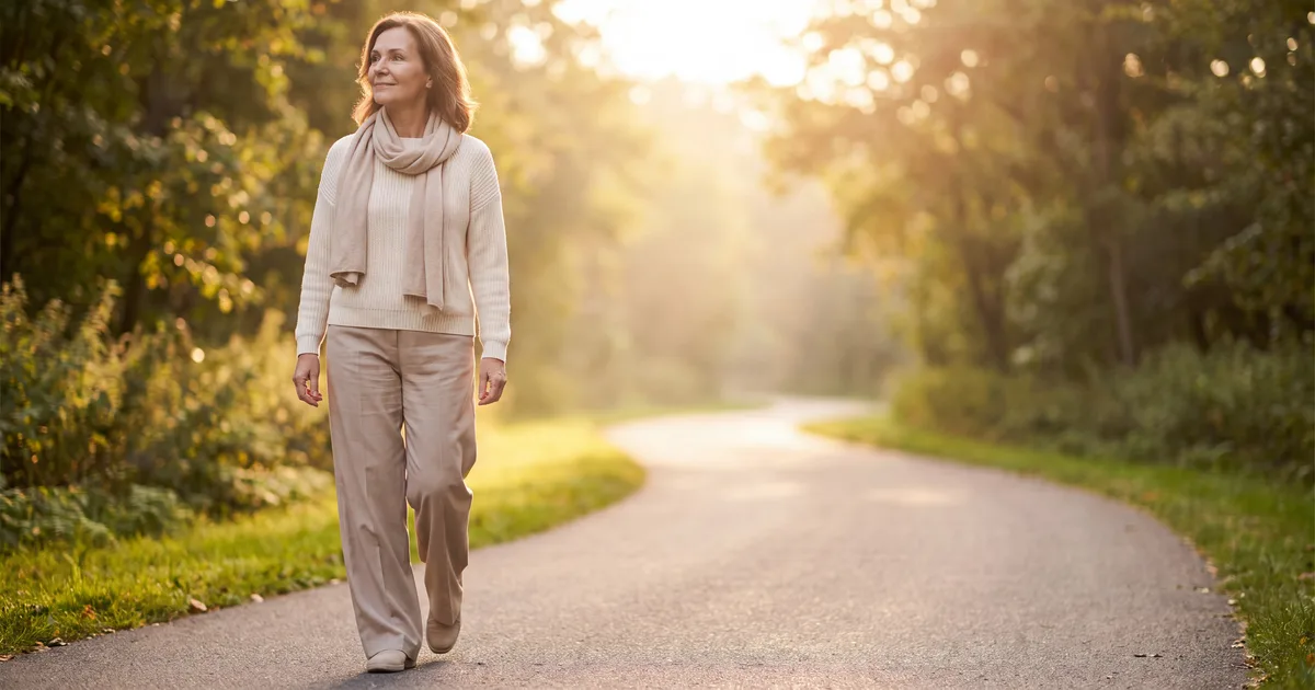 Mujer caminando tranquila por un sendero de un parque al atardecer