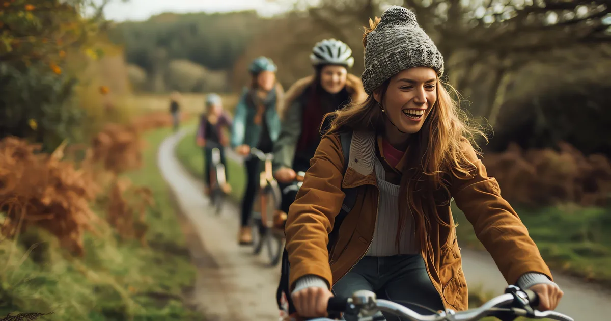 Group of friends cycling along a country path in autumn, smiling