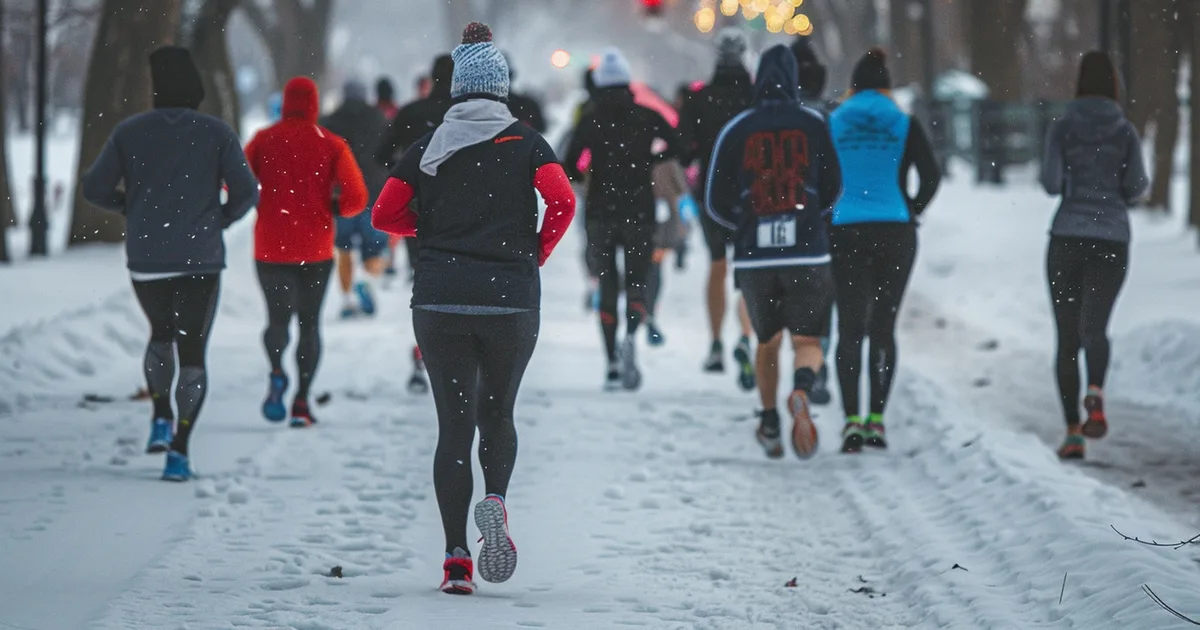 Corredores abrigados en una carrera de invierno bajo luces navideñas, con nieve en el suelo
