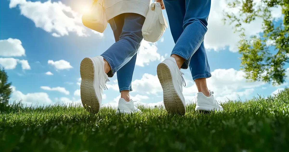 Dos personas caminando con zapatillas blancas sobre la hierba bajo un cielo azul con nubes