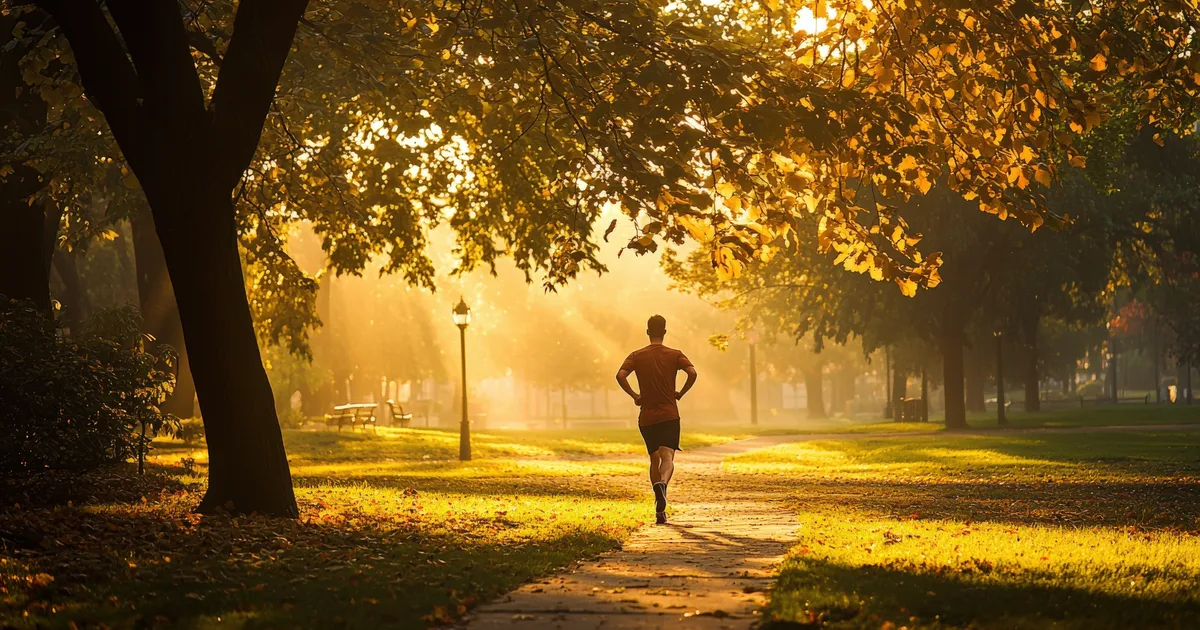Runner seen from behind on a path through an autumn park lit by the morning sun