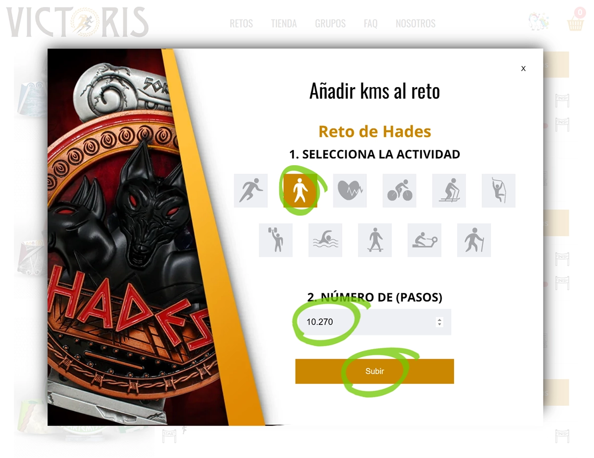 Panel de añadir kms al reto