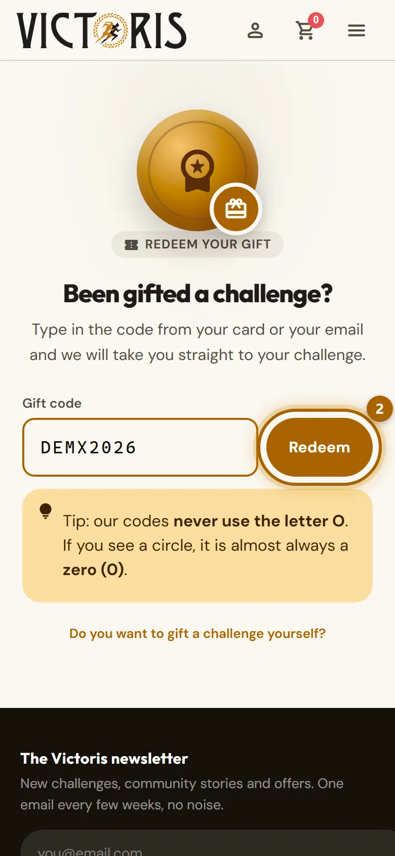 «Gift code» field with the «Redeem» button highlighted.