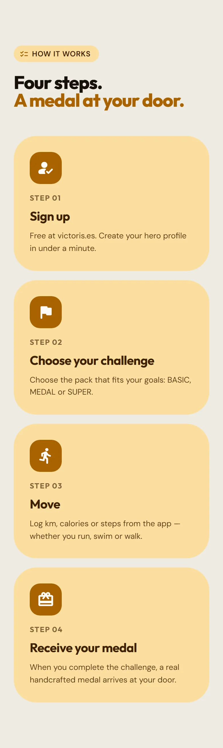 The four Victoris steps on the home page: sign up, pick your challenge, get moving and receive your medal.