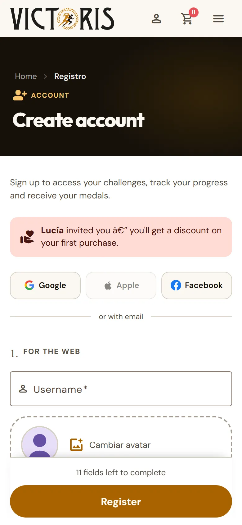 Registration opened from an invitation link, with the message showing who invited.
