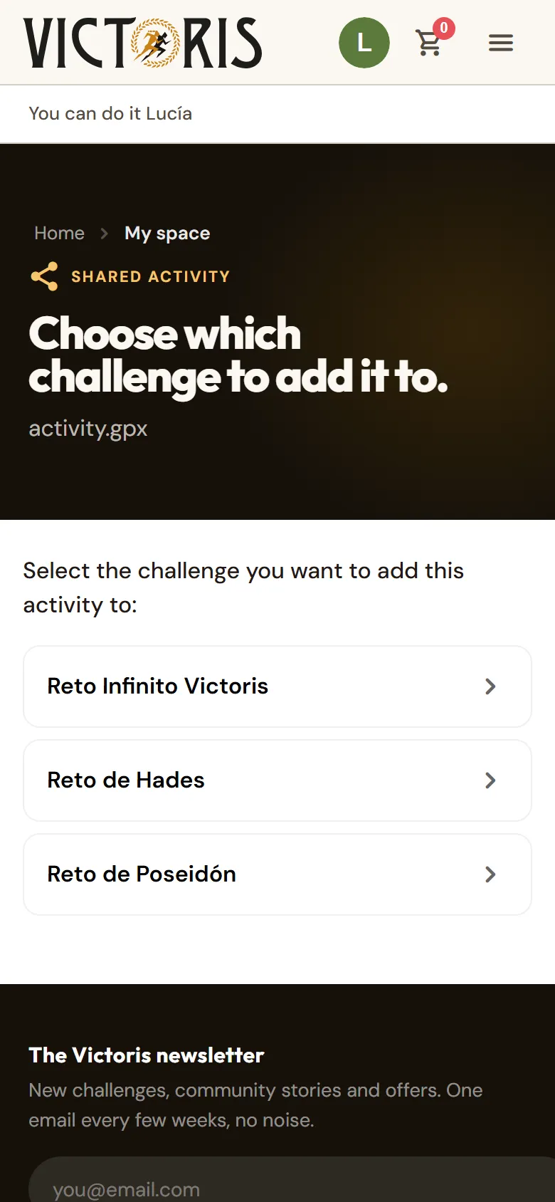 «Choose which challenge to add it to» screen with the active challenges.
