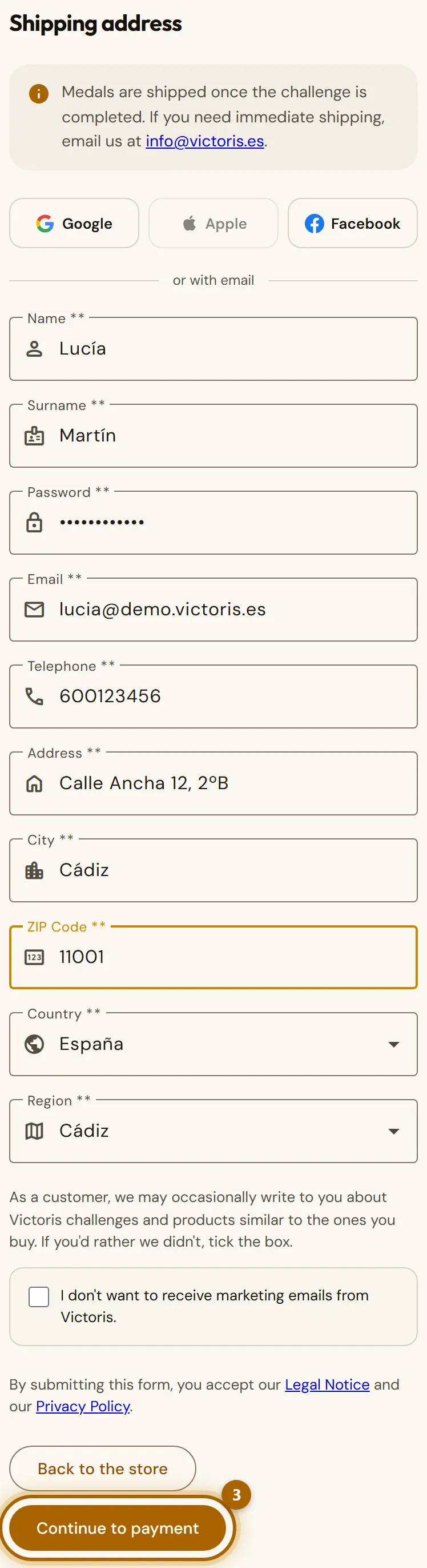 «Shipping address» form with the «Continue to payment» button highlighted.