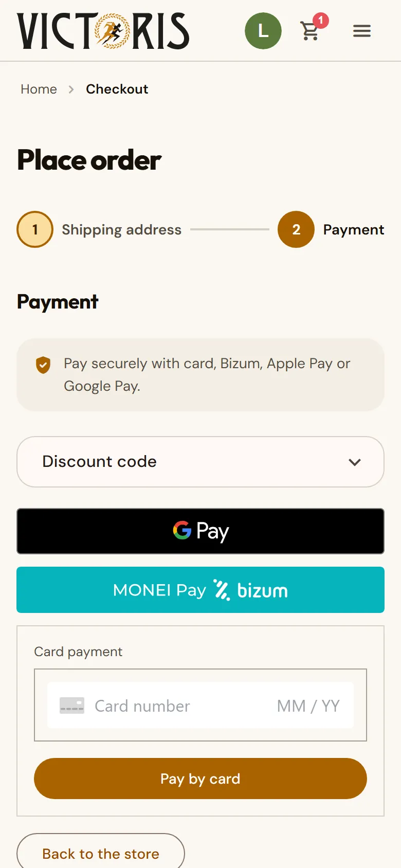 Payment step with the payment methods and the order summary.