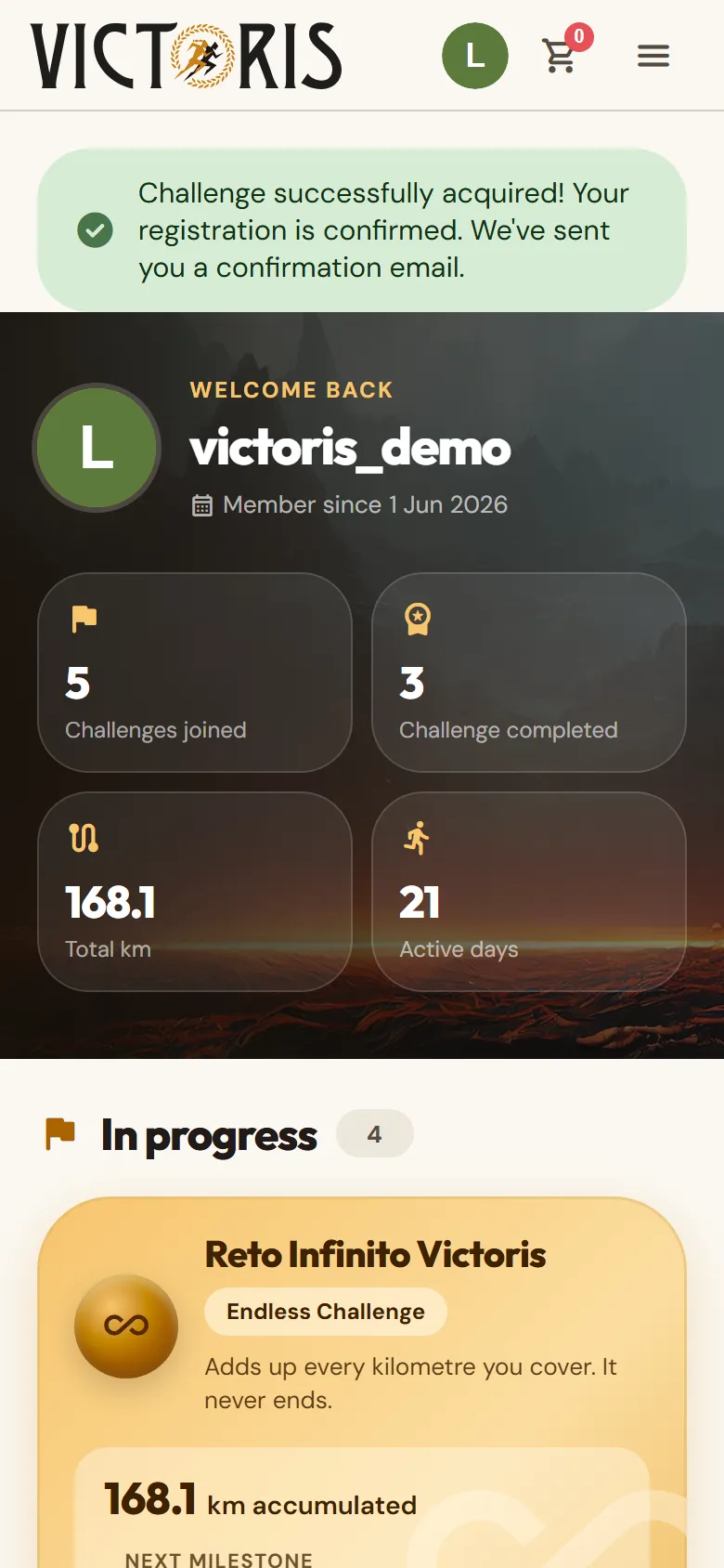 Personal area with the «Challenge successfully acquired!» message.