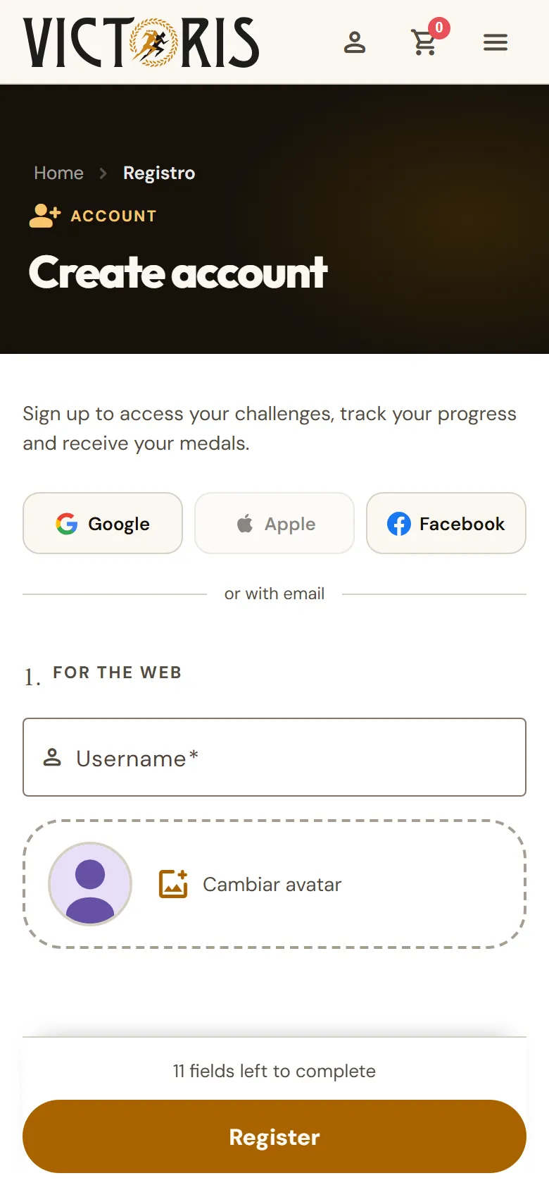 «Create account» page with the Google and Facebook buttons at the top.