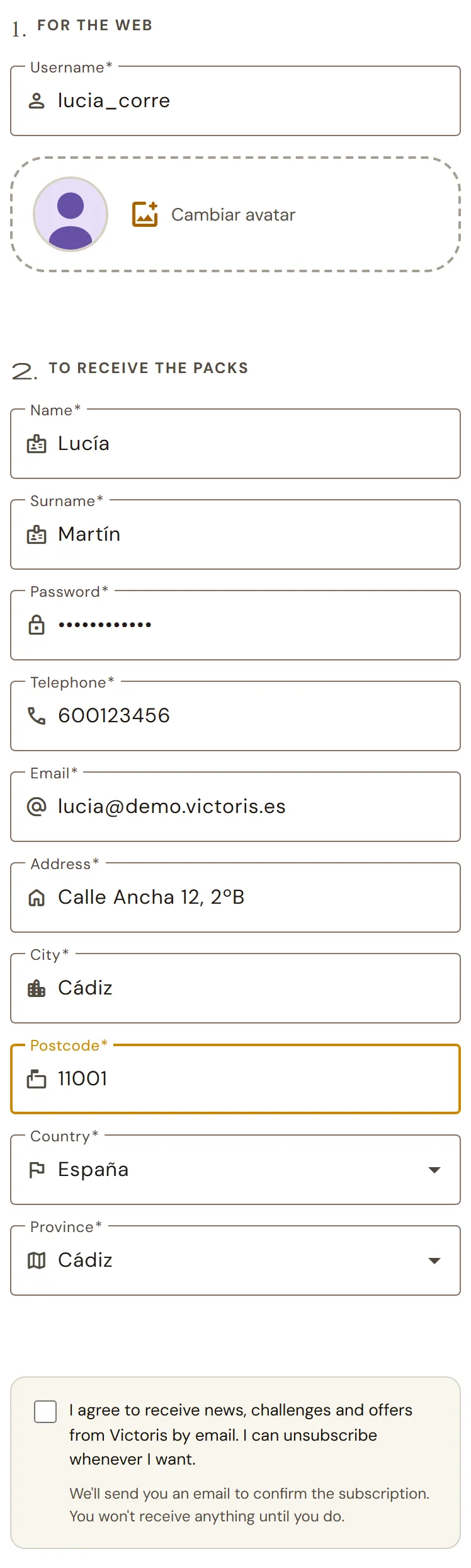 Registration form with the sections «For the web» and «To receive the packs».
