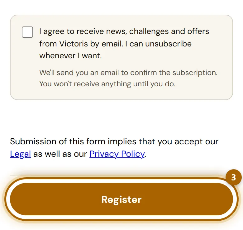End of the form with the newsletter box and the «Register» button highlighted.