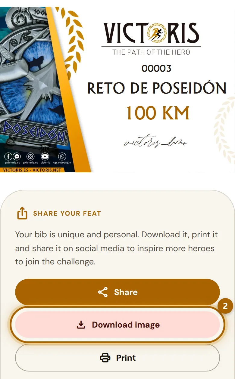 Personal bib with the buttons to download, print and share.