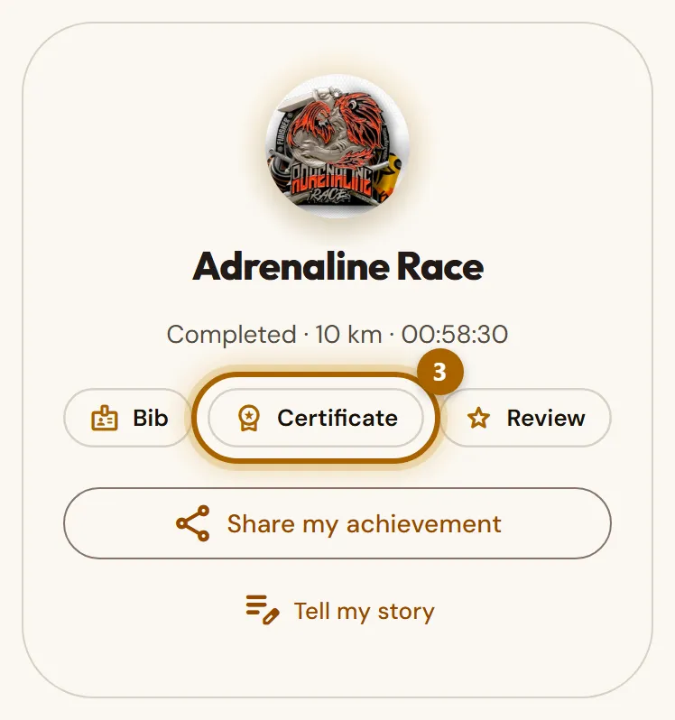 Finished challenge under «Medals earned» with the «Certificate» link highlighted.