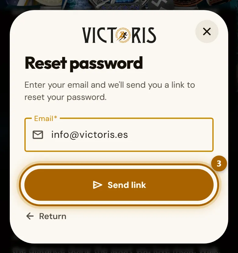 «Recover password» window with the «Send link» button highlighted.