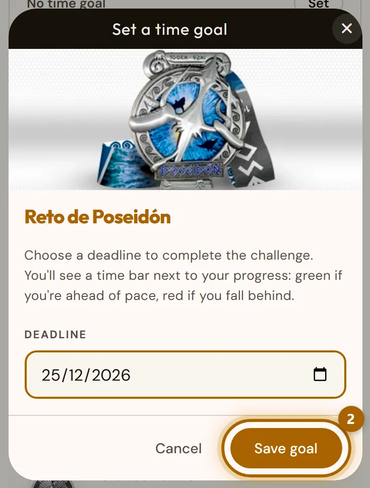 «Set a time goal» window with the «Save goal» button highlighted.