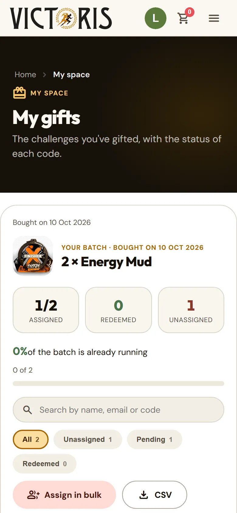 «My gifts» page with the gifts and their status.
