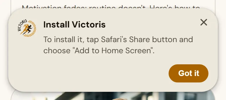 Instructions for installing Victoris on iPhone from Safari.