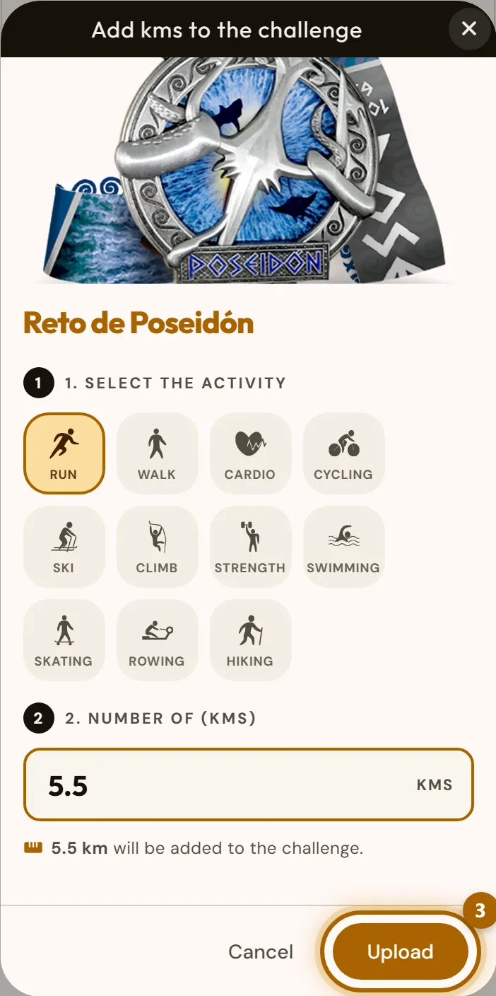 Field with the number typed in, the kilometres that will be added and the «Upload» button highlighted.
