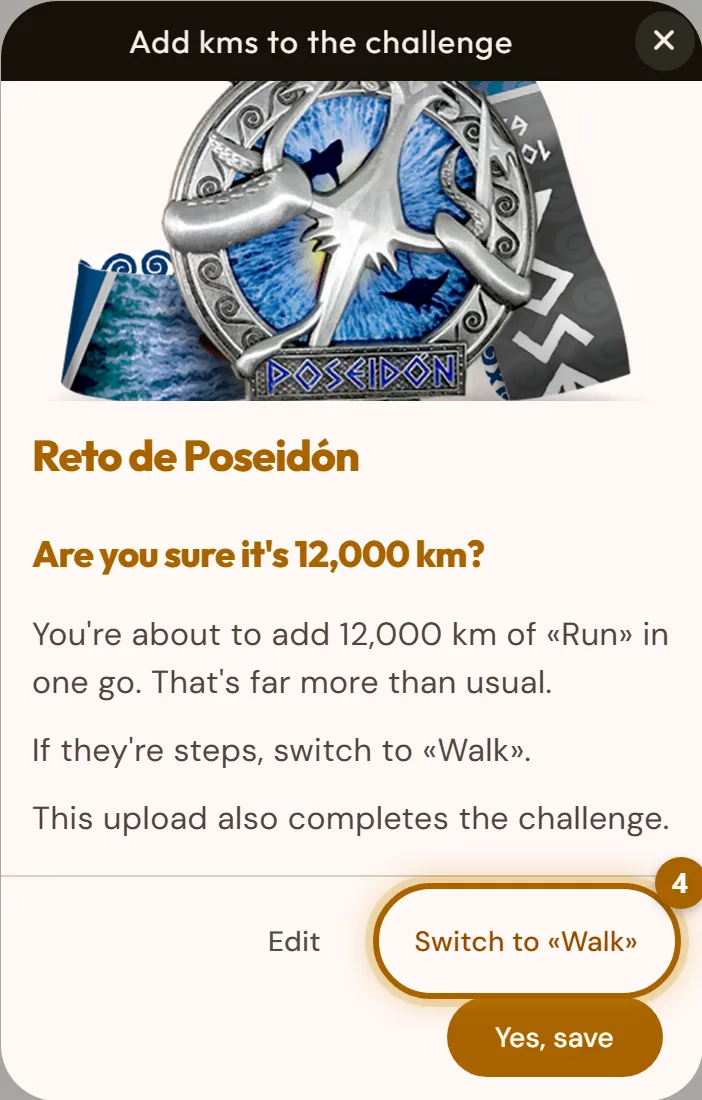 «Are you sure it's 12,000 km?» warning with the «Edit», «Switch to «Walk»» and «Yes, save» buttons.