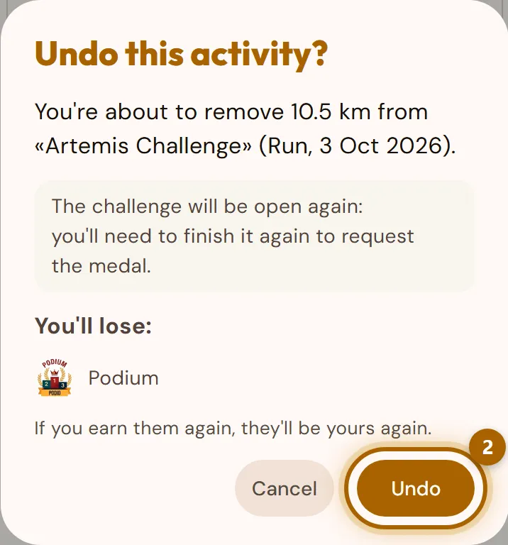 «Undo this activity?» window with the kilometres to be removed, the notice that the challenge will open again and the «Undo» button highlighted.