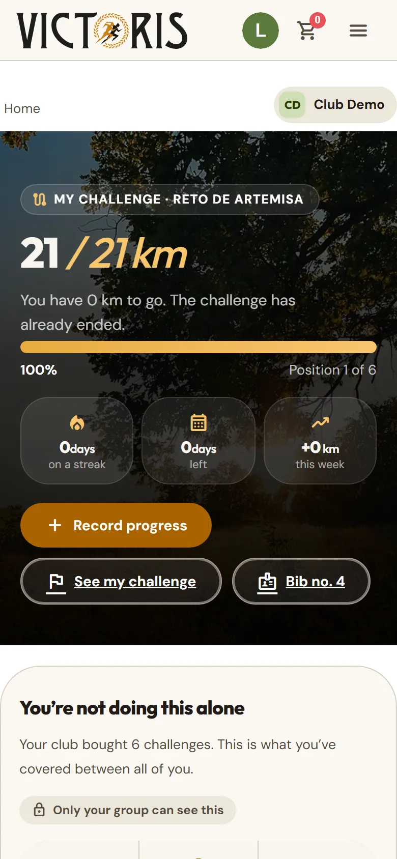 Team page with the user's position and the group's totals.