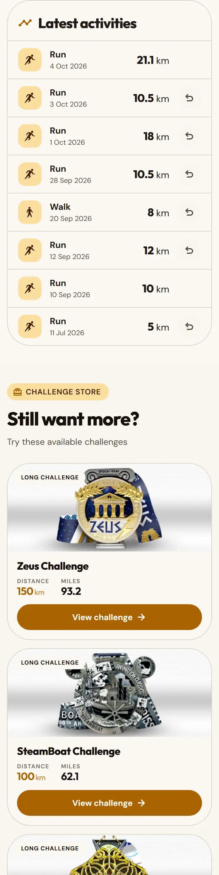 «Latest activities» and «Medals earned» lists.