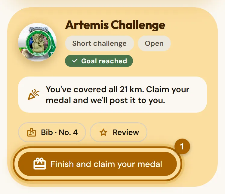 Completed challenge with the «Finish and claim your medal» button highlighted.
