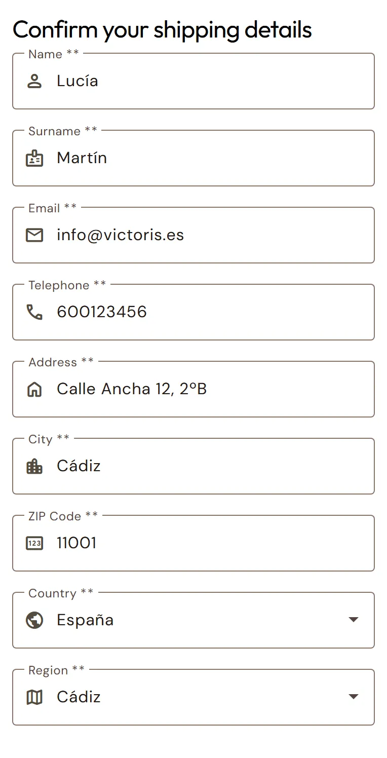 «Confirm your shipping details» form.