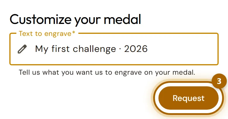 «Text to engrave» field and the «Request» button highlighted.