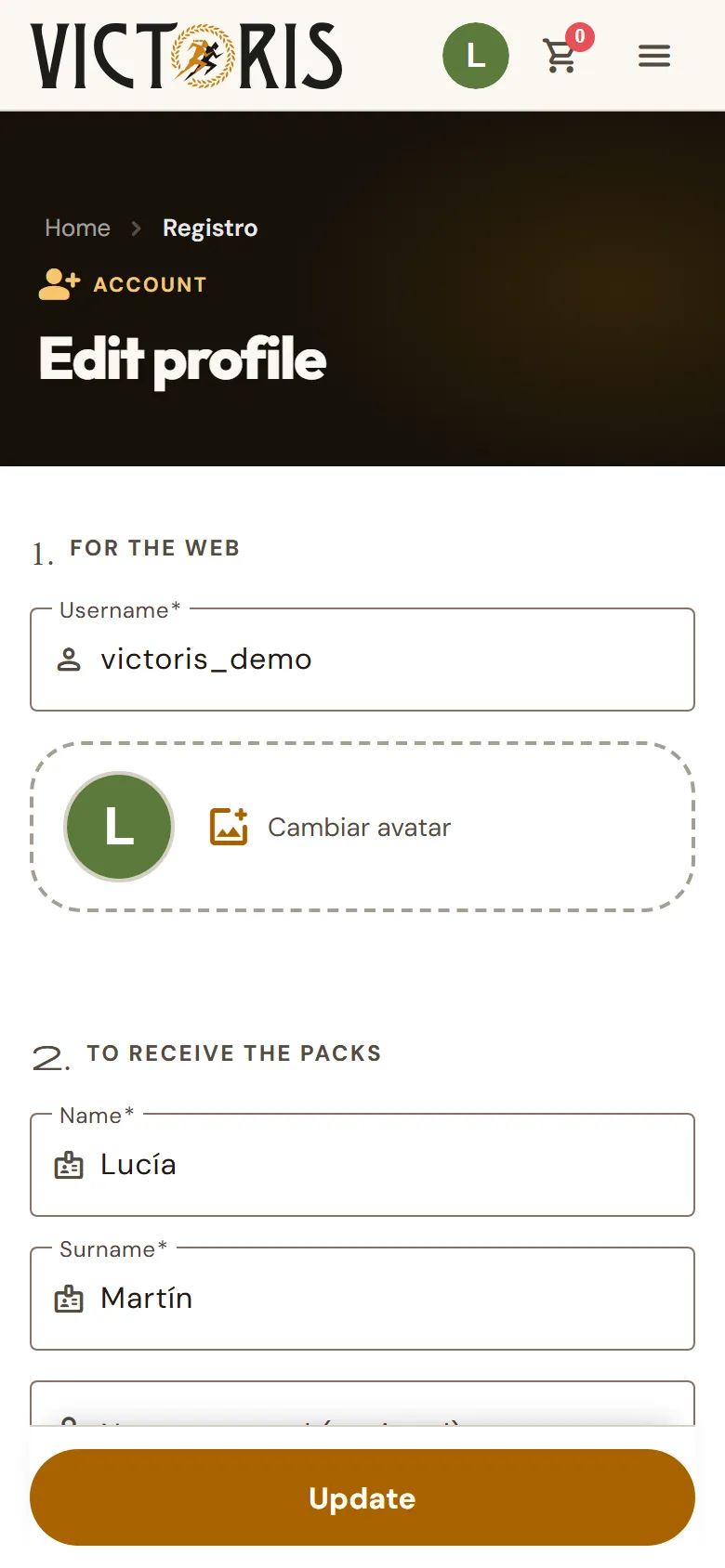«Edit profile» page with the user's details.