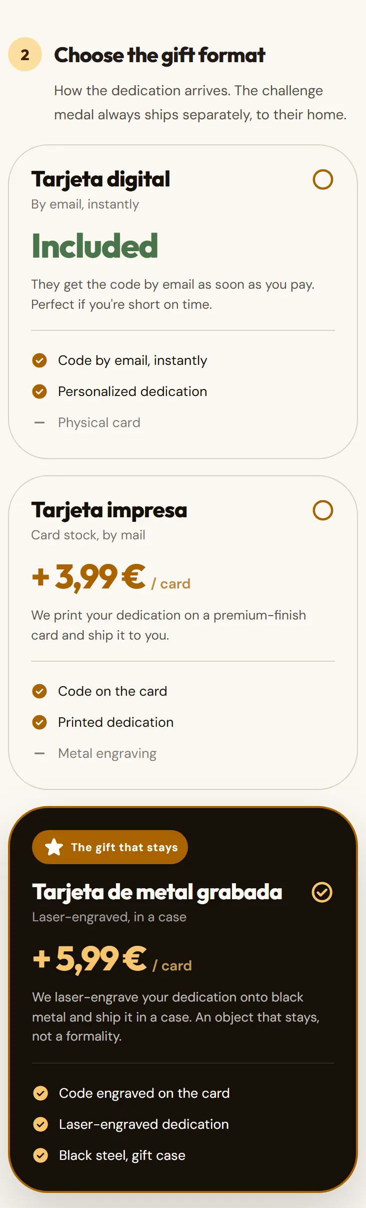 Choosing the gift format: digital, printed card or metal card.