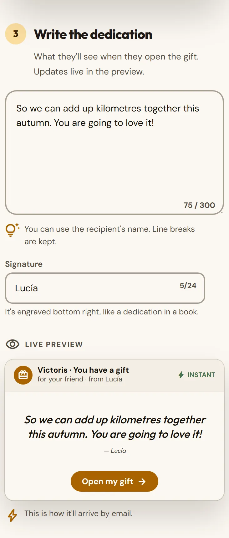 Message written with the card preview.