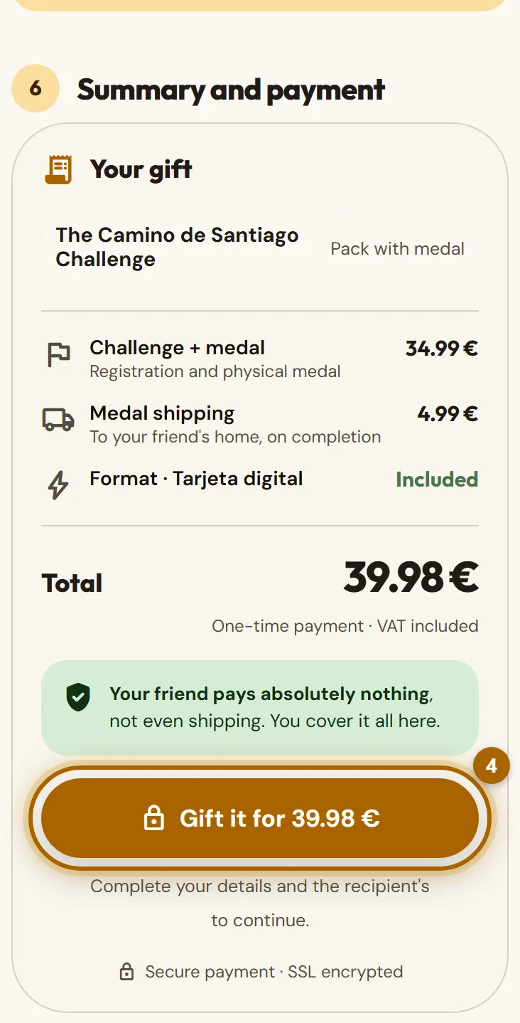 Gift summary with the pay button highlighted.