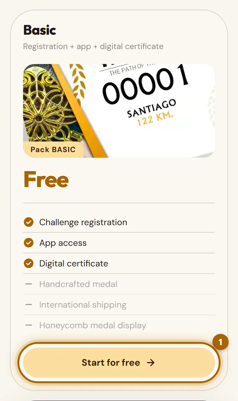 Basic pack of a free challenge with the «Start for free» button highlighted.